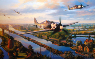 Plane river town flying water - over the water free wallpaper