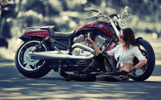 Woman sitting ground motorcycle next - great free wallpaper